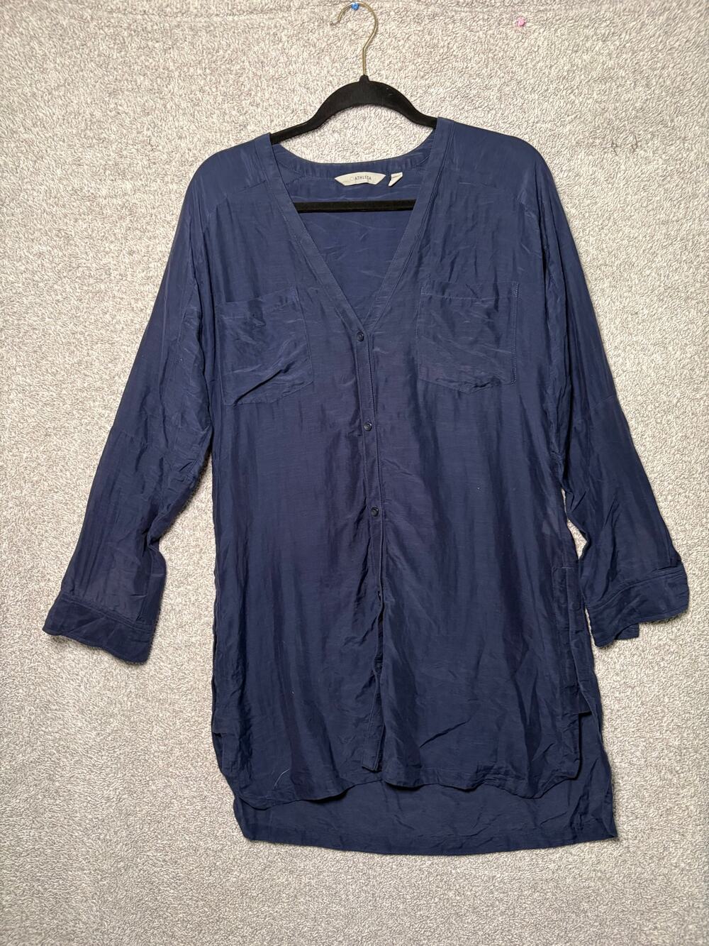 Athleta M Cotton Silk Tunic Blouse Navy Coastal Longline